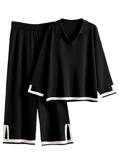 Black White Trim Knit 2 Piece Loungewear Set