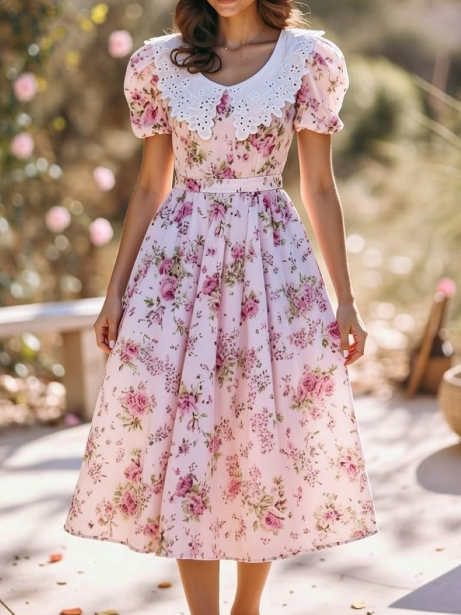 Pink Floral Lace Collar Puff Sleeve Midi Dress