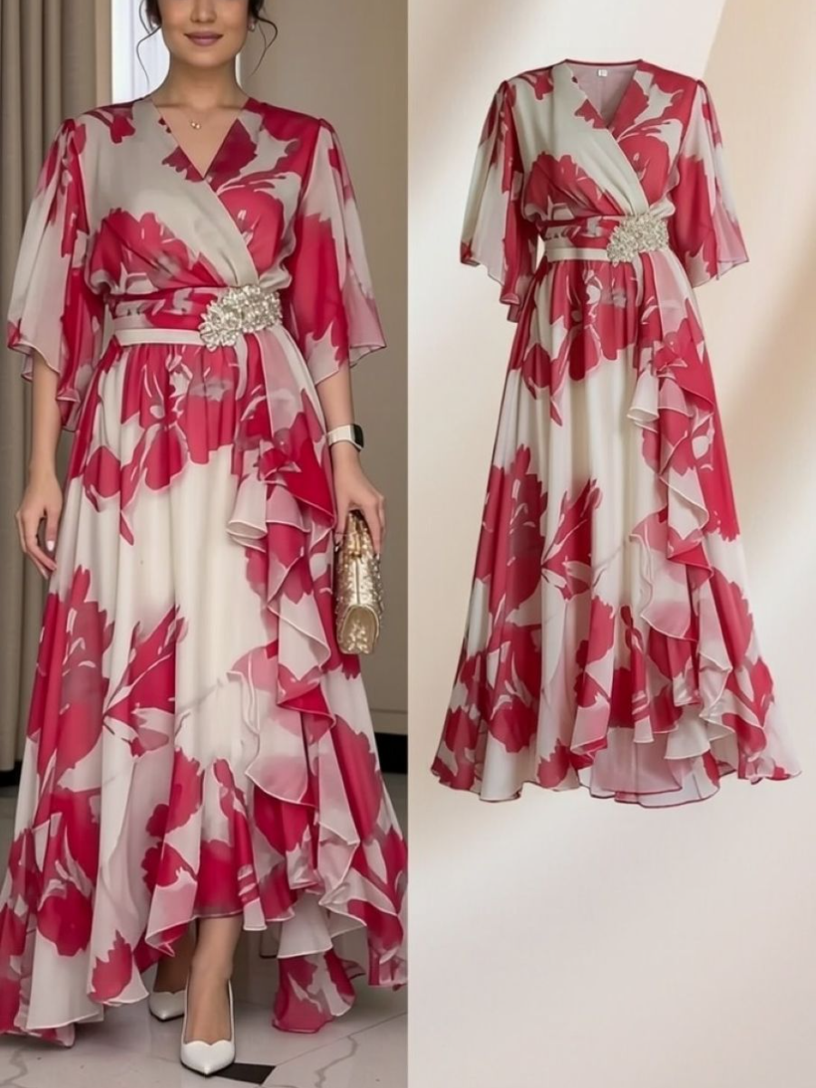 Red Floral Pleated V-Neck Dress