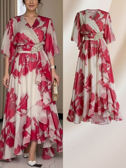 Red Floral Pleated V-Neck Dress