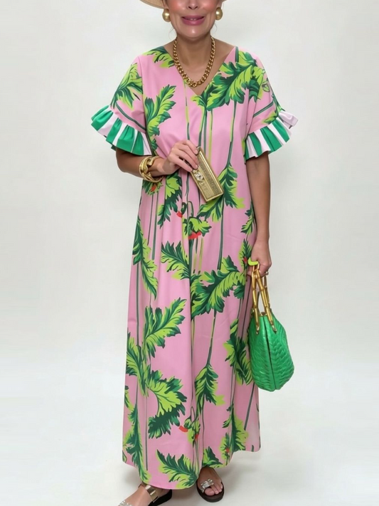 Pink Tropical Print Ruffle Sleeve Maxi Caftan Dress