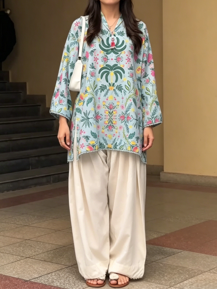 Boho Botanical Printed Scallop Edge 3/4 Sleeve Tunic Shirt