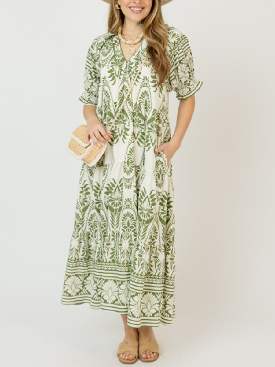 Green Boho Print Tiered Maxi Dress