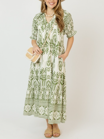 Green Boho Print Tiered Maxi Dress