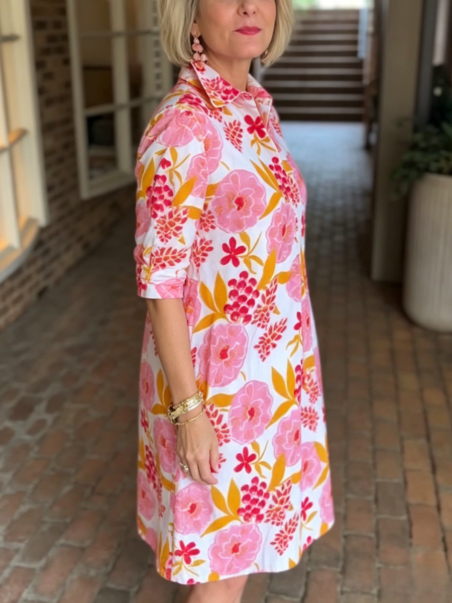 Watercolor Flower Print Loose Fit Collar Shift Dress