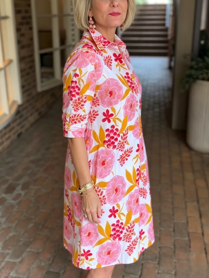 Watercolor Flower Print Loose Fit Collar Shift Dress