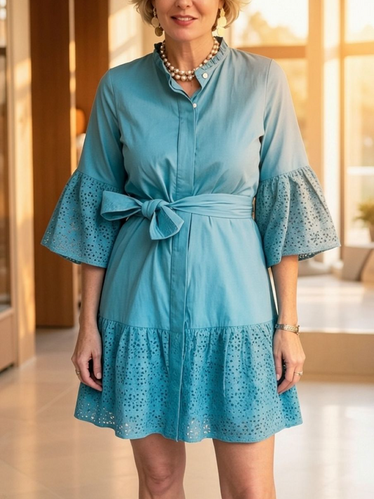 Blue Eyelet Belted Bell Sleeve Mini Shirt Dress