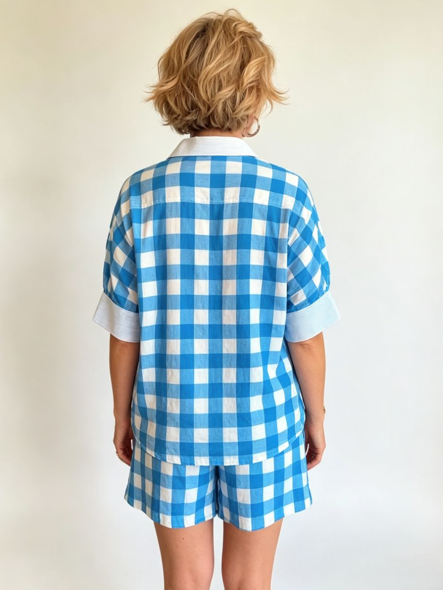 Blue Gingham Contrast Trim 2 Piece Short Set