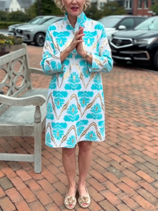 Vibrant Turquoise Print High Neck Shift Dress
