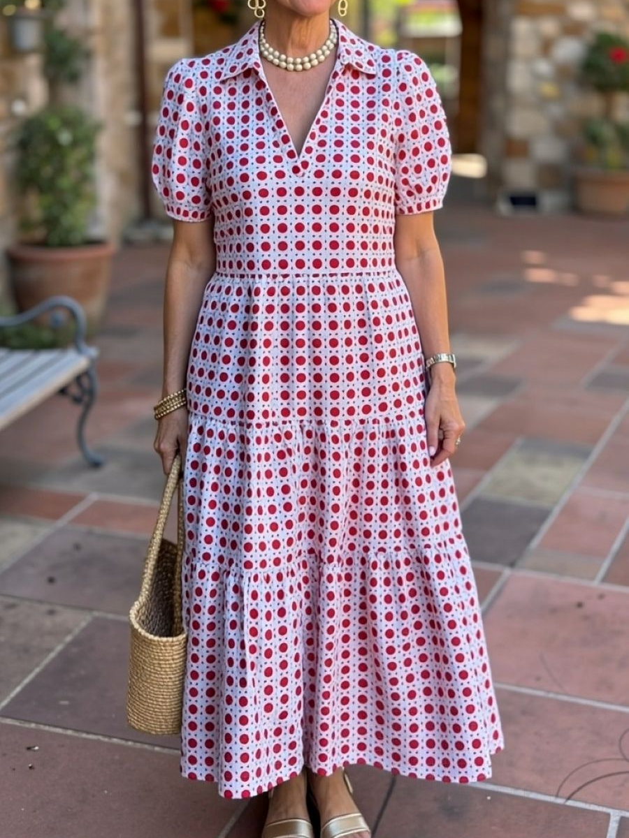Red Polka Dot Collar Tiered Midi Dress