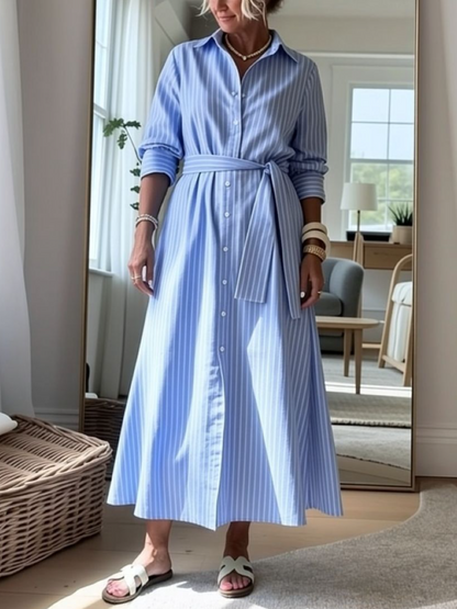 Blue Striped Belted Midi Shirt Dress
