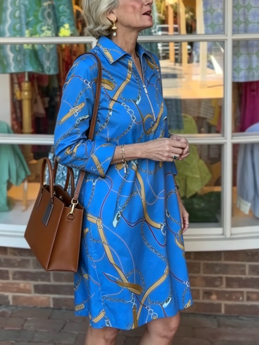 Luxury Horsebit Chain Print Waist Tie Mini Shirt Dress