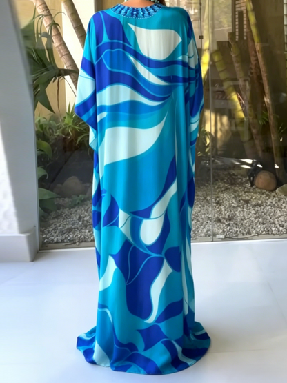 Flowy Blue Abstract Print Kaftan Maxi Dress