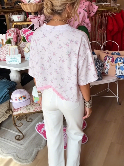 Ditsy Floral Pink Fringe Bow Oversized Casual T-Shirt