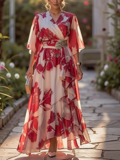 Red Floral Pleated V-Neck Dress