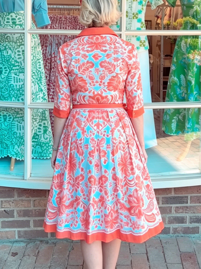 Vintage Tropical Print Waist Tie Flare Hem Shirt Dress