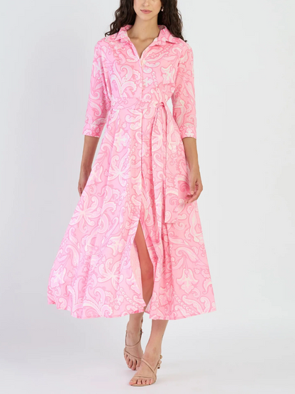 Pink Paisley Print Belted Midi Shirt Dress
