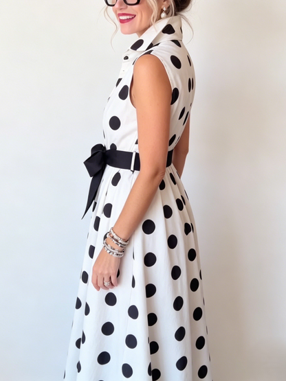 White Black Polka Dot Belted Maxi Shirt Dress