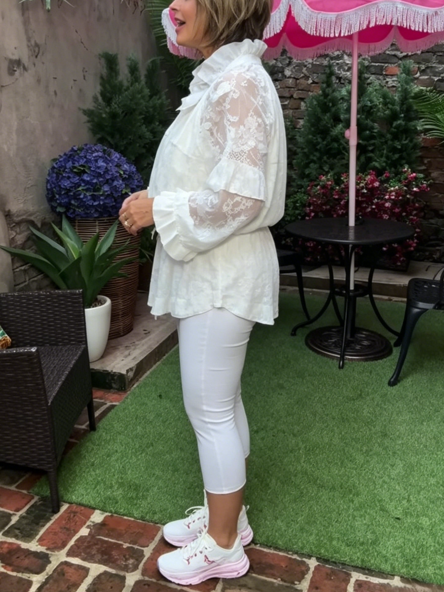 Boho Clear Lace Ruffle Shirt Cropped Pants Co Ord Set