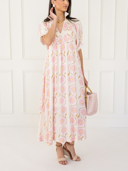 Cream Pink Daisy Print Puff Sleeve Maxi Dress