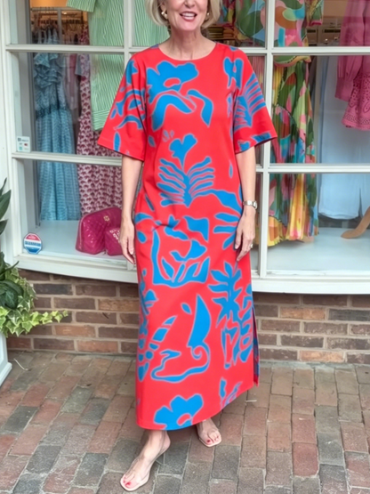 Vibrant Red & Blue Tropical Print Maxi Dress