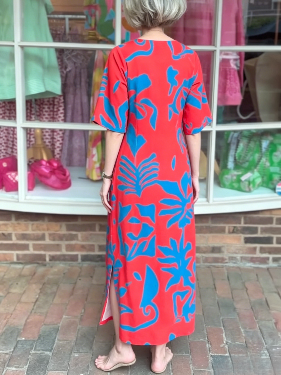 Vibrant Red & Blue Tropical Print Maxi Dress