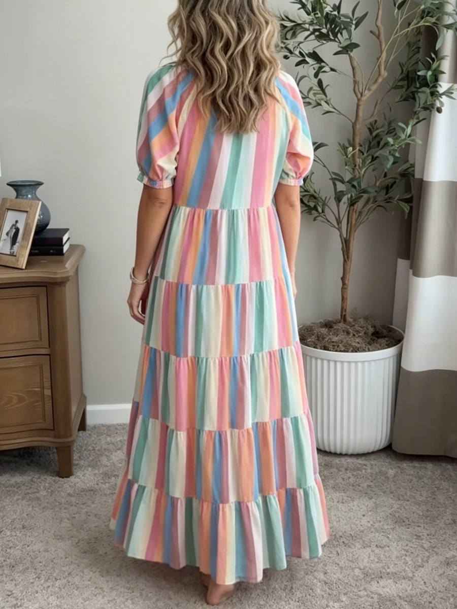 Colorful Stripe Puff Sleeve Tiered Maxi Dress