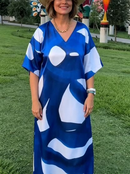 Oversized Abstract Print Satin Beach Caftan Maxi Dress
