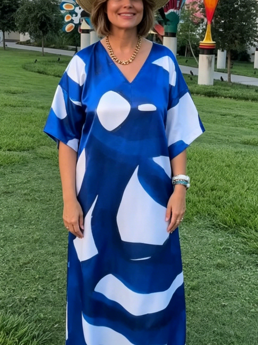 Oversized Abstract Print Satin Beach Caftan Maxi Dress