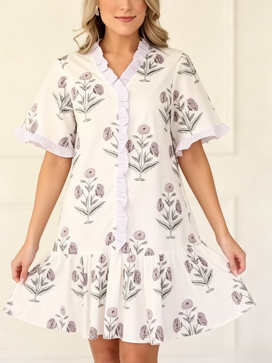 White Purple Floral Ruffle Trim Tiered Mini Dress