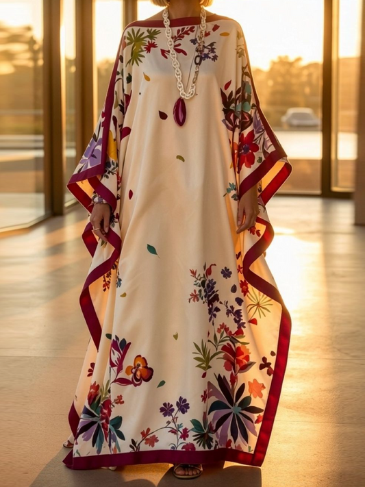 Cream Floral Burgundy Trim Satin Maxi Kaftan