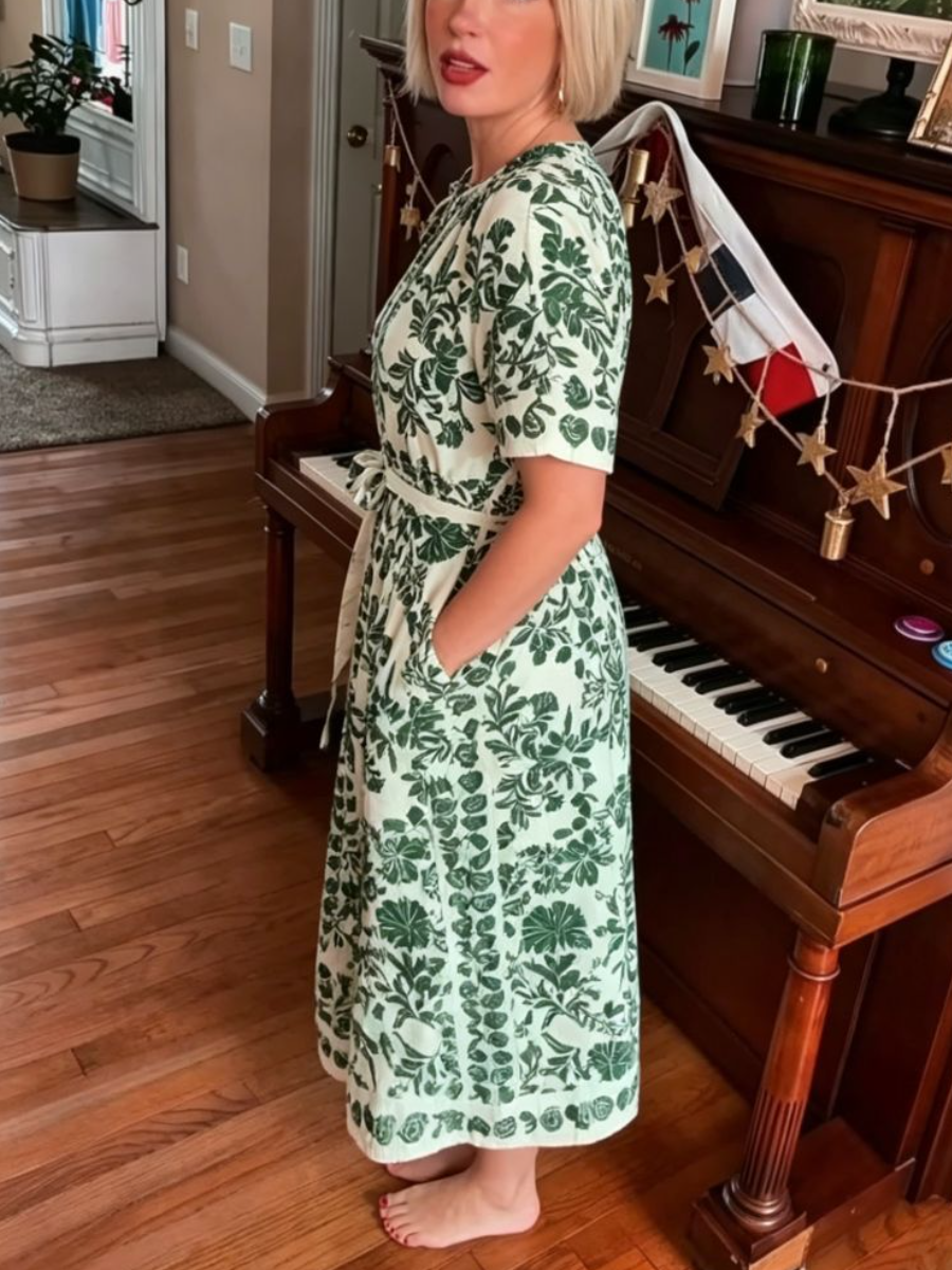 Green Botanical Print Tie Waist Midi Dress