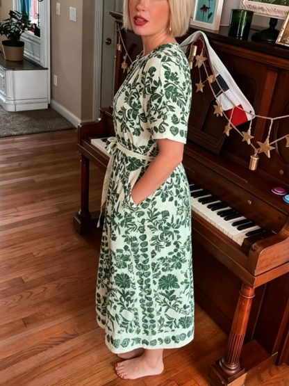 Green Botanical Print Tie Waist Midi Dress