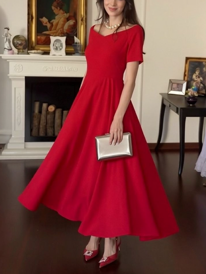 Red Off Shoulder Belted Midi Party Dress