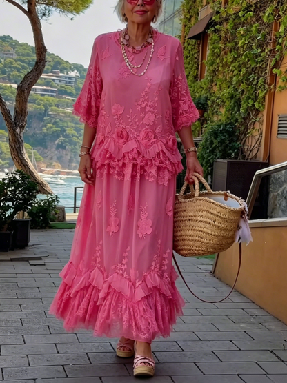 Boho Chiffon Lace Applique Ruffle Tiered Co Ord Set