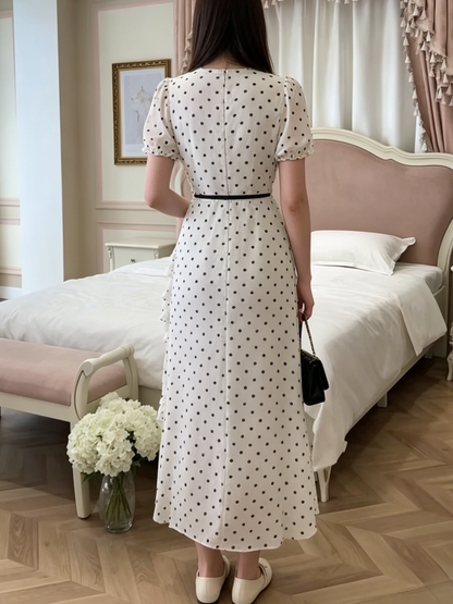 Vintage Polka Dot Ruffle Midi Dress