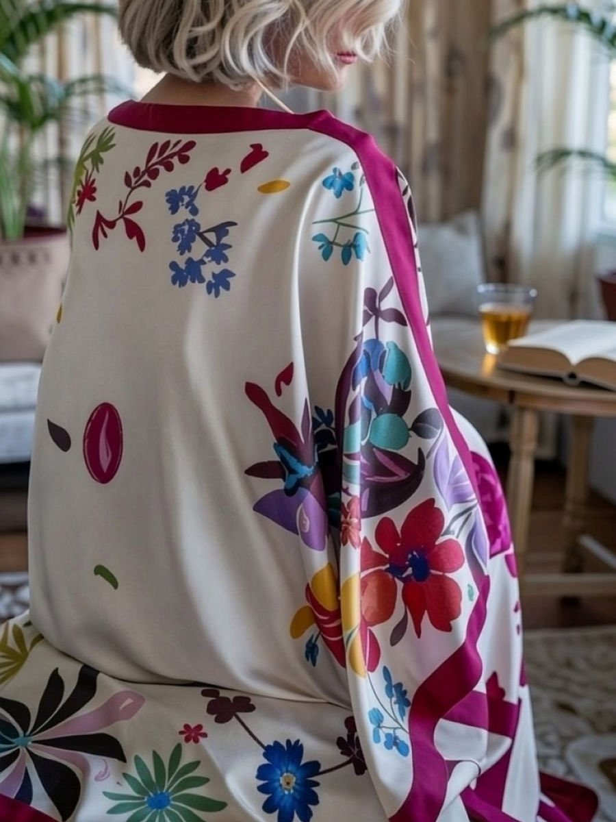 Cream Floral Burgundy Trim Satin Maxi Kaftan