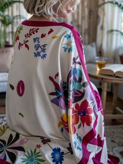 Cream Floral Burgundy Trim Satin Maxi Kaftan