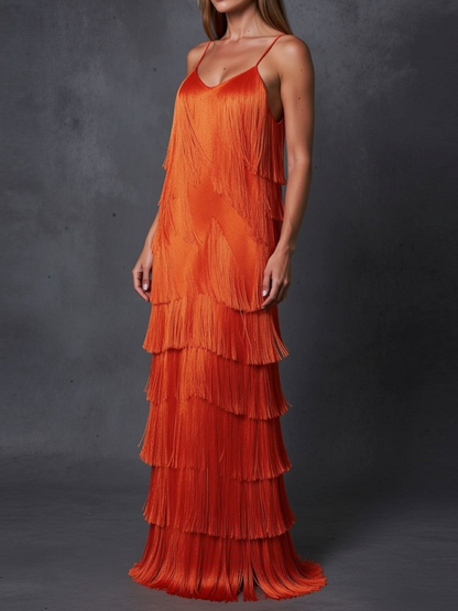 Orange Tiered Fringe Satin Maxi Dress