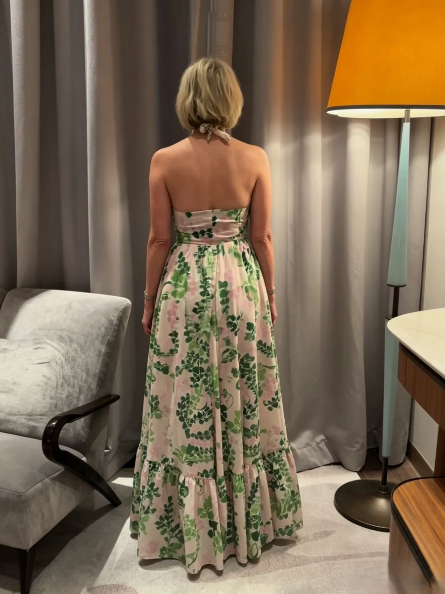 Halter Ruffle Green Leaf Print Maxi Dress