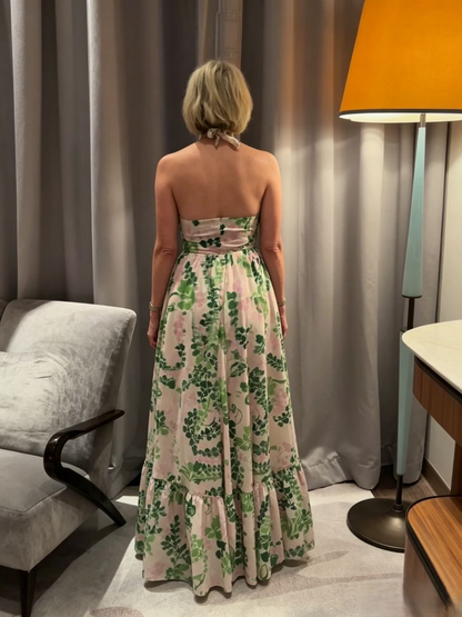 Halter Ruffle Green Leaf Print Maxi Dress