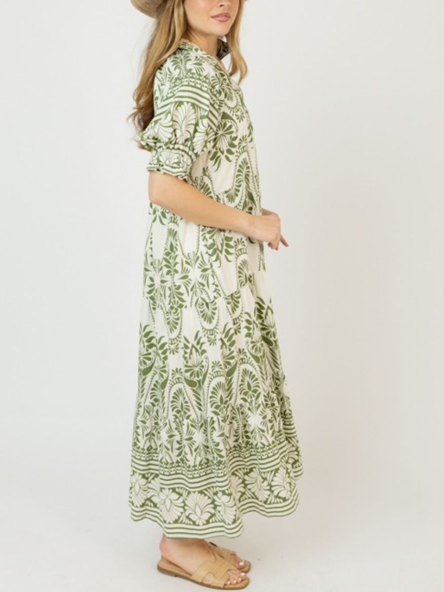 Green Boho Print Tiered Maxi Dress
