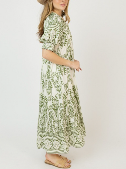 Green Boho Print Tiered Maxi Dress