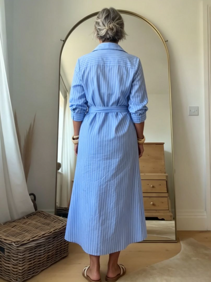 Blue Striped Belted Midi Shirt Dress