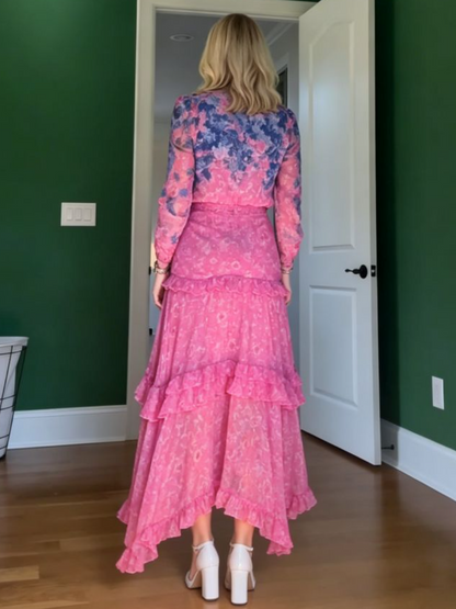 Pink Floral Tiered Ruffle Chiffon Maxi Dress