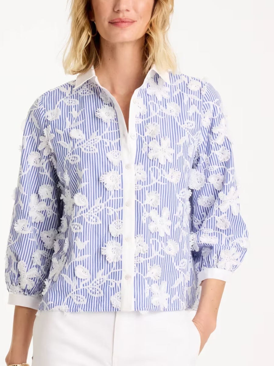 Blue White Stripe Floral Embroidered Button Down Shirt