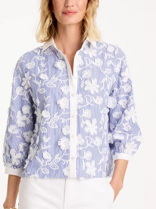 Blue White Stripe Floral Embroidered Button Down Shirt