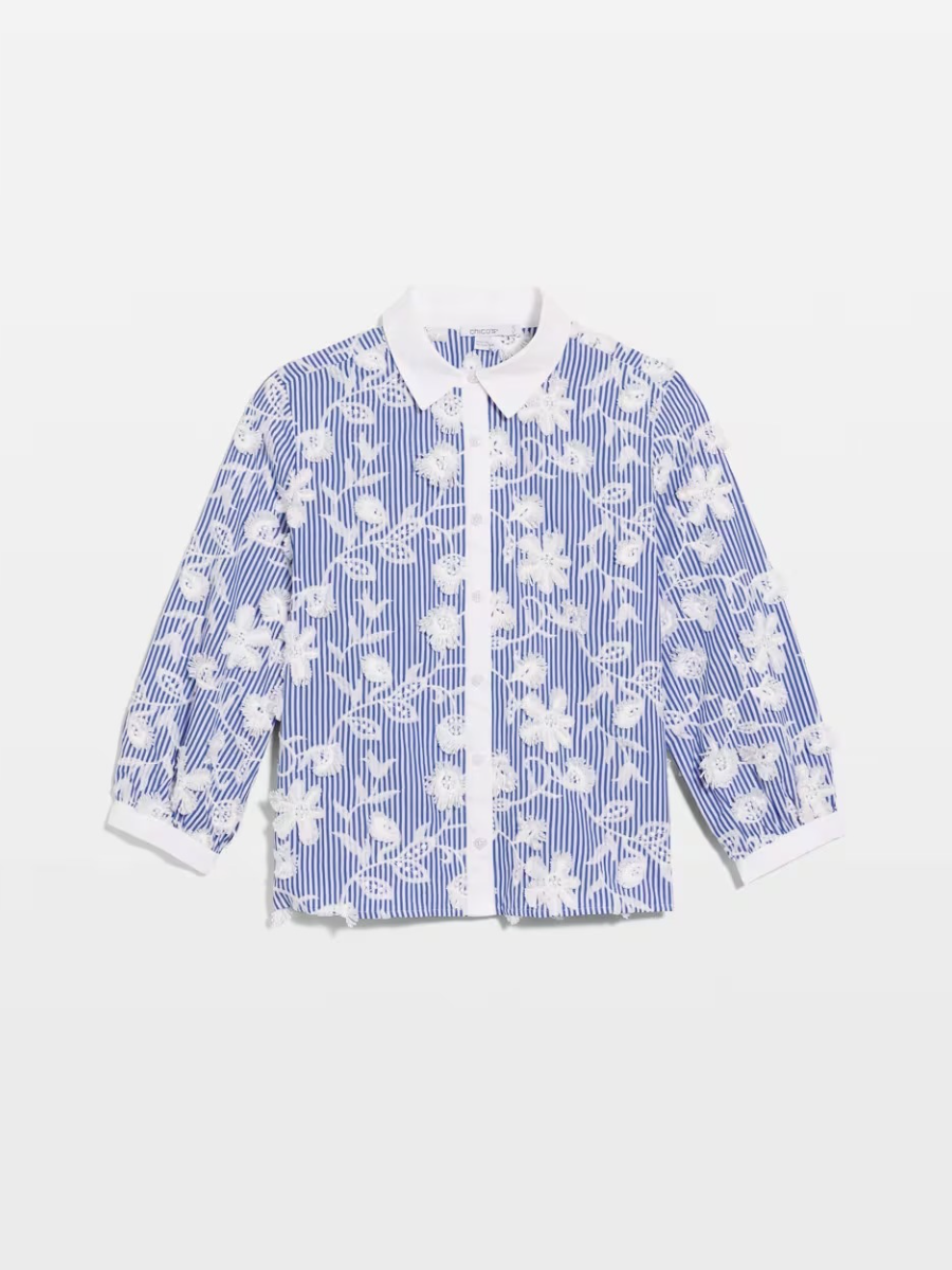 Blue White Stripe Floral Embroidered Button Down Shirt