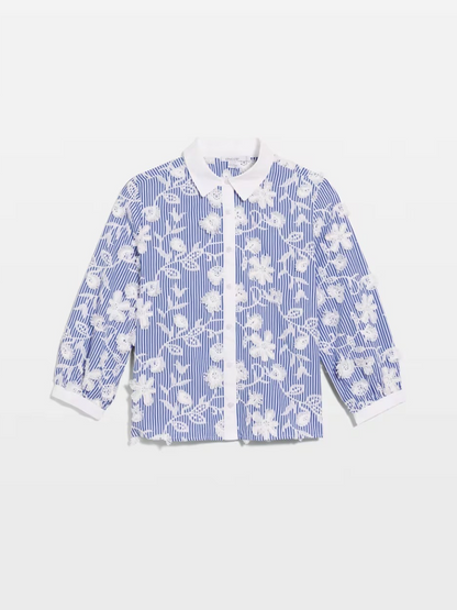 Blue White Stripe Floral Embroidered Button Down Shirt