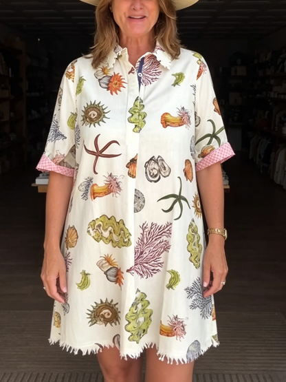 Coastal Marine Life Print Collared Loose Shirt Dress